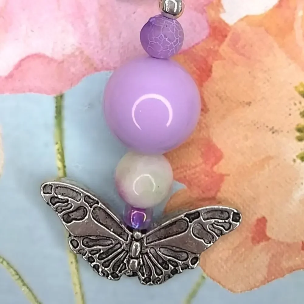 Handmade Beaded Butterfly Bag Charm Tibetan Silver Light Purple Keychain NEW